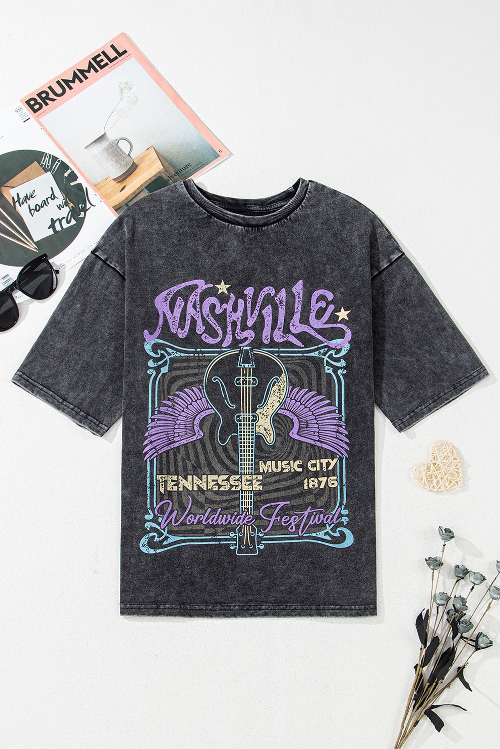 Black Nashville Tennessee Graphic Mineral Washed Vintage Tee