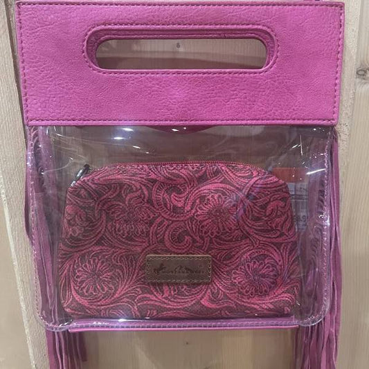 Western Fringe Stadium Clear Crossbody Bag with Detachable Pouch - Hot Pink