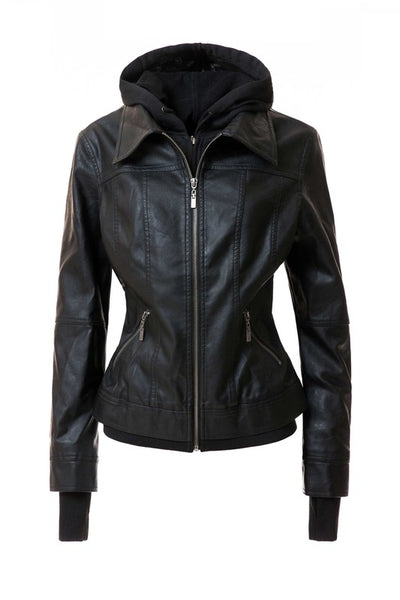 Women's Hood PU Leather Jacket