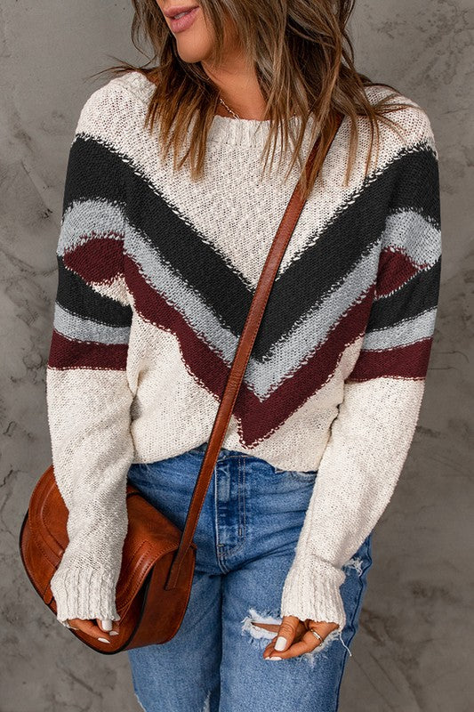 Women Chevron Striped Drop Shoulder Sweater