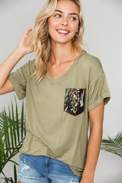 CAMOUFLAGE SEQUINCE POCKET TOP