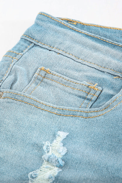 Light Blue Distressed Ripped Denim Bermuda Shorts