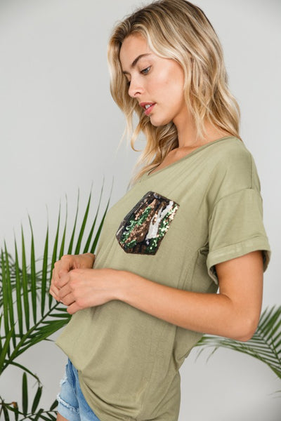 CAMOUFLAGE SEQUINCE POCKET TOP